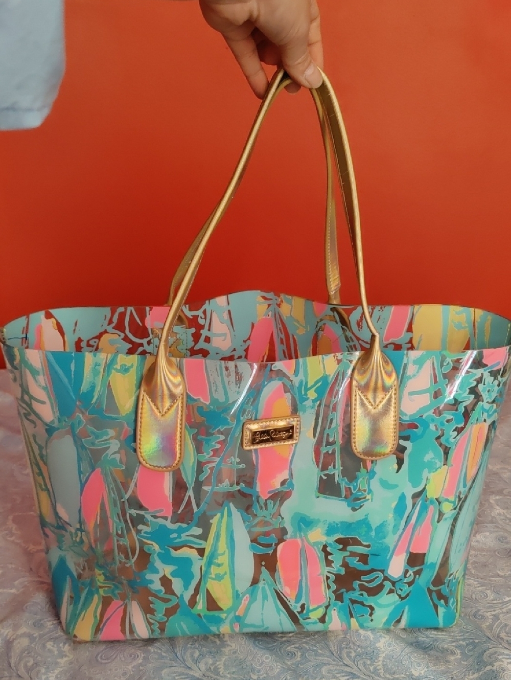 Lilly Pulitzer Multicolor Aqua Pink Teal Tote with Gold Handles